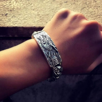 16mm wide Unique Embossed Dragon Bracelet for Men |  Sterling Silver Bracelet | With Certificate of Authenticity and  Hallmark