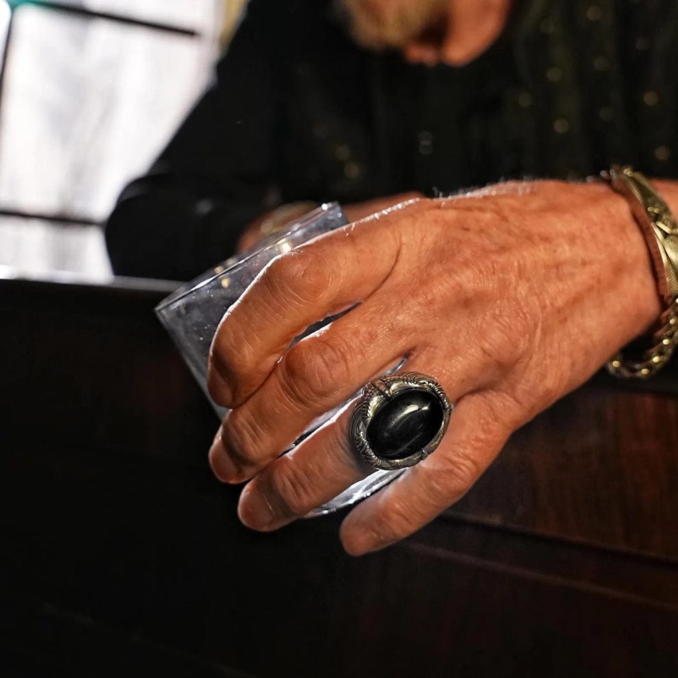 Gental Gems by Karat Kings | Biker Guy, Oval shaped Turkish Style Ring with Natural Black Onyx (Sulemani Hakik) with Eagle|  Sterling Silver Oxidized Ring (Copy)