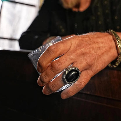Gental Gems by Karat Kings | Biker Guy, Oval shaped Turkish Style Ring with Natural Black Onyx (Sulemani Hakik) with Eagle|  Sterling Silver Oxidized Ring (Copy)