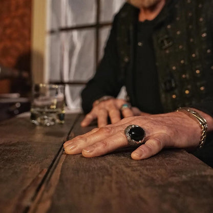 Gental Gems by Karat Kings | Biker Guy, Oval shaped Turkish Style Ring with Natural Black Onyx (Sulemani Hakik) with Eagle|  Sterling Silver Oxidized Ring (Copy)