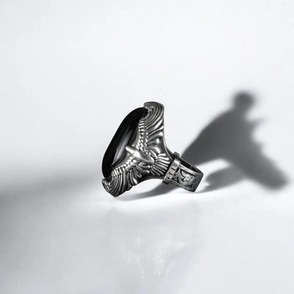 Gental Gems by Karat Kings | Biker Guy, Oval shaped Turkish Style Ring with Natural Black Onyx (Sulemani Hakik) with Eagle|  Sterling Silver Oxidized Ring (Copy)