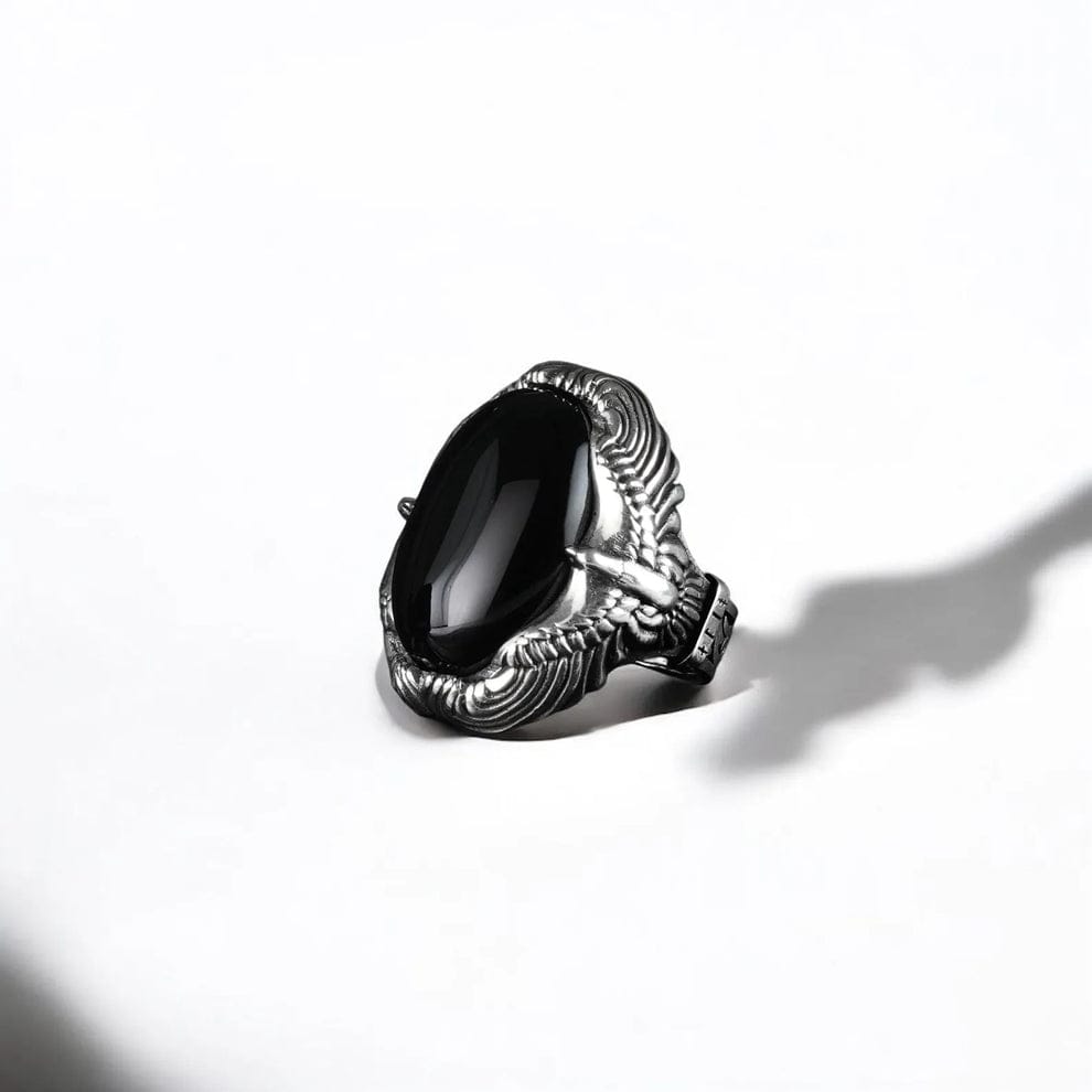 Gental Gems by Karat Kings | Biker Guy, Oval shaped Turkish Style Ring with Natural Black Onyx (Sulemani Hakik) with Eagle|  Sterling Silver Oxidized Ring (Copy)