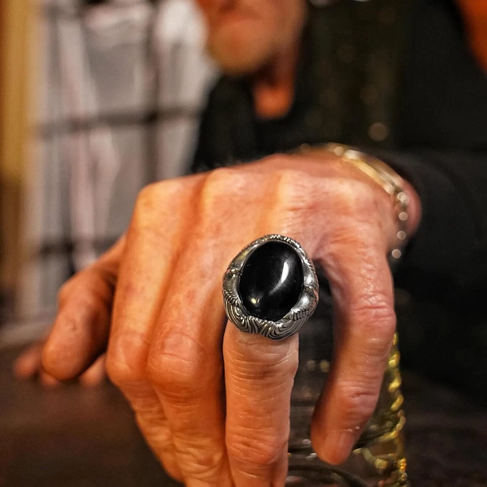 Gental Gems by Karat Kings | Biker Guy, Oval shaped Turkish Style Ring with Natural Black Onyx (Sulemani Hakik) with Eagle|  Sterling Silver Oxidized Ring (Copy)
