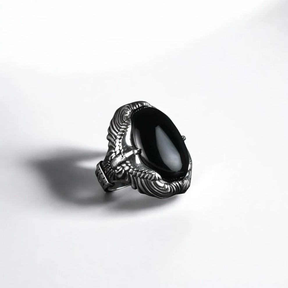 Gental Gems by Karat Kings | Biker Guy, Oval shaped Turkish Style Ring with Natural Black Onyx (Sulemani Hakik) with Eagle|  Sterling Silver Oxidized Ring (Copy)