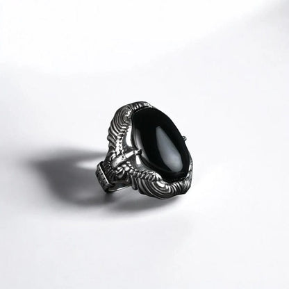 Gental Gems by Karat Kings | Biker Guy, Oval shaped Turkish Style Ring with Natural Black Onyx (Sulemani Hakik) with Eagle|  Sterling Silver Oxidized Ring (Copy)