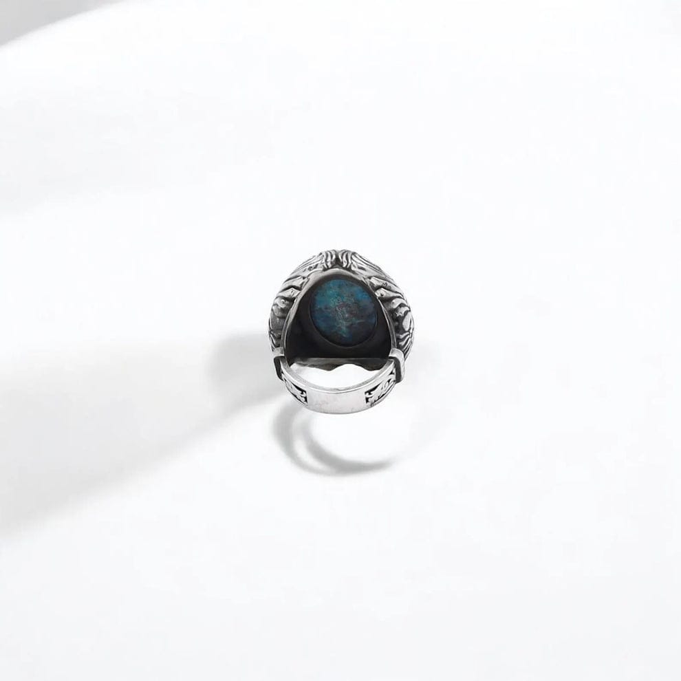 Gental Gems by Karat Kings | Biker Guy, Oval shaped Turkish Style Ring with Natural Irani Turquoise (Firoza) with Eagle |  Sterling Silver Oxidized Ring