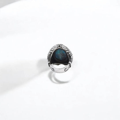 Gental Gems by Karat Kings | Biker Guy, Oval shaped Turkish Style Ring with Natural Irani Turquoise (Firoza) with Eagle |  Sterling Silver Oxidized Ring
