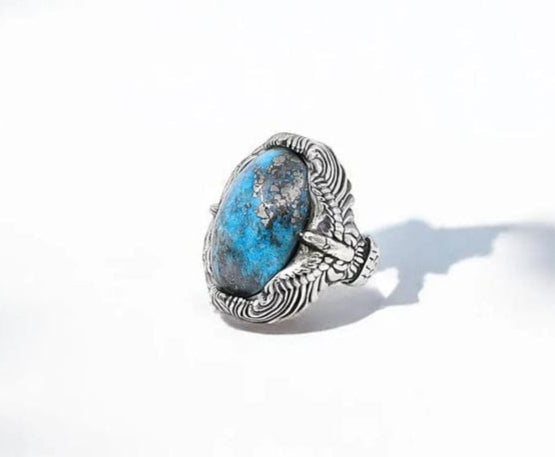 Gental Gems by Karat Kings | Biker Guy, Oval shaped Turkish Style Ring with Natural Irani Turquoise (Firoza) with Eagle |  Sterling Silver Oxidized Ring