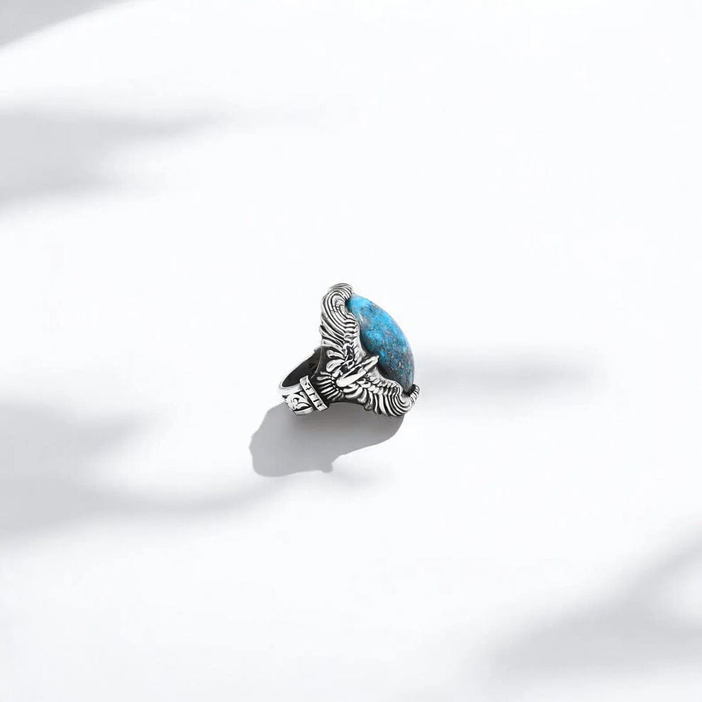 Gental Gems by Karat Kings | Biker Guy, Oval shaped Turkish Style Ring with Natural Irani Turquoise (Firoza) with Eagle |  Sterling Silver Oxidized Ring