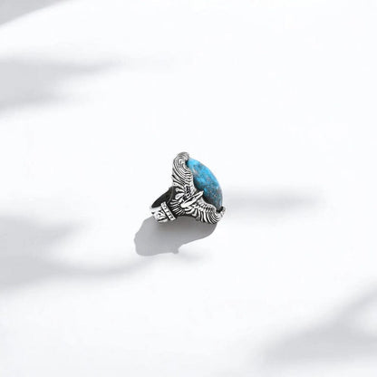 Gental Gems by Karat Kings | Biker Guy, Oval shaped Turkish Style Ring with Natural Irani Turquoise (Firoza) with Eagle |  Sterling Silver Oxidized Ring