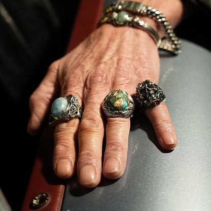 Gental Gems by Karat Kings | Biker Guy, Oval shaped Turkish Style Ring with Natural Irani Turquoise (Firoza) with Eagle |  Sterling Silver Oxidized Ring
