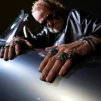 Gental Gems by Karat Kings | Biker Guy, Oval shaped Turkish Style Ring with Natural Irani Turquoise (Firoza) with Eagle |  Sterling Silver Oxidized Ring