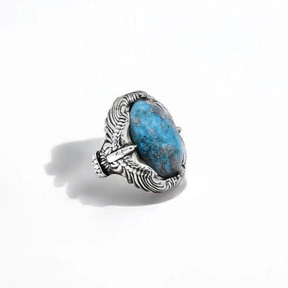 Gental Gems by Karat Kings | Biker Guy, Oval shaped Turkish Style Ring with Natural Irani Turquoise (Firoza) with Eagle |  Sterling Silver Oxidized Ring