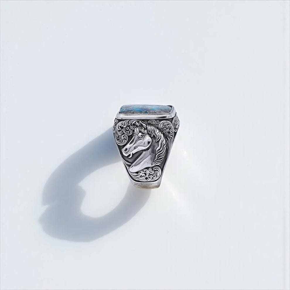 Gental Gems by Karat Kings | Biker Guy, Oval shaped Turkish Style Ring with Natural Irani Turquoise (Firoza) with Horse |  Sterling Silver Oxidized Ring