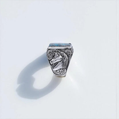 Gental Gems by Karat Kings | Biker Guy, Oval shaped Turkish Style Ring with Natural Irani Turquoise (Firoza) with Horse |  Sterling Silver Oxidized Ring