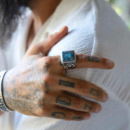 Gental Gems by Karat Kings | Biker Guy, Oval shaped Turkish Style Ring with Natural Irani Turquoise (Firoza) with Horse |  Sterling Silver Oxidized Ring
