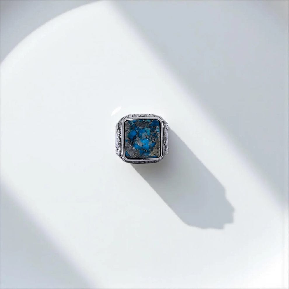 Gental Gems by Karat Kings | Biker Guy, Oval shaped Turkish Style Ring with Natural Irani Turquoise (Firoza) with Horse |  Sterling Silver Oxidized Ring