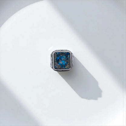 Gental Gems by Karat Kings | Biker Guy, Oval shaped Turkish Style Ring with Natural Irani Turquoise (Firoza) with Horse |  Sterling Silver Oxidized Ring