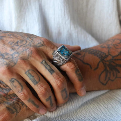 Gental Gems by Karat Kings | Biker Guy, Oval shaped Turkish Style Ring with Natural Irani Turquoise (Firoza) with Horse |  Sterling Silver Oxidized Ring