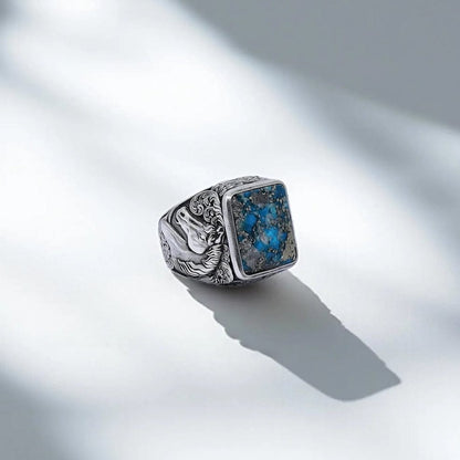 Gental Gems by Karat Kings | Biker Guy, Oval shaped Turkish Style Ring with Natural Irani Turquoise (Firoza) with Horse |  Sterling Silver Oxidized Ring