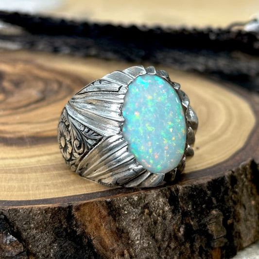 Unique Designed Turkish Style Ring with Excellent quality 12ct Fire Australian Opal |  Sterling Silver Oxidized Ring | With Certificate of Authenticity and  Hallmark