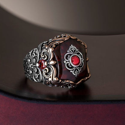 Unique Turkish Style Ring with 8.5 Ct Natural Hessonite (Gomed)|  Sterling Silver Oxidized Ring | Men's Jewelry | With Certificate of Authenticity and  Hallmark