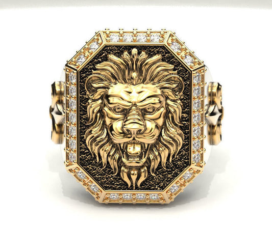 Gental Gems by Karat Kings | Unique Design Two Tone Lion Ring with Illuminati/ Evil Eye Symbol |  Gold Micron Plated  Sterling Silver Ring | Men's Jewelry | With Certificate of Authenticity and  Hallmark