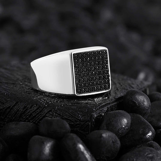 Gental Gems by Karat Kings | Exclusive Classic Signet Statement Ring Studded with Black Zircons, Sterling Silver  Ring | Jewellery for Men| With Certificate of Authenticity and  Hallmark