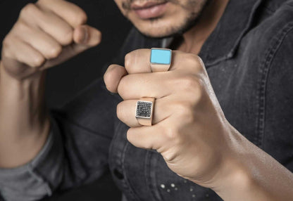 Gental Gems by Karat Kings | Exclusive Classic Signet Statement Ring Studded with Black Zircons, Sterling Silver  Ring | Jewellery for Men