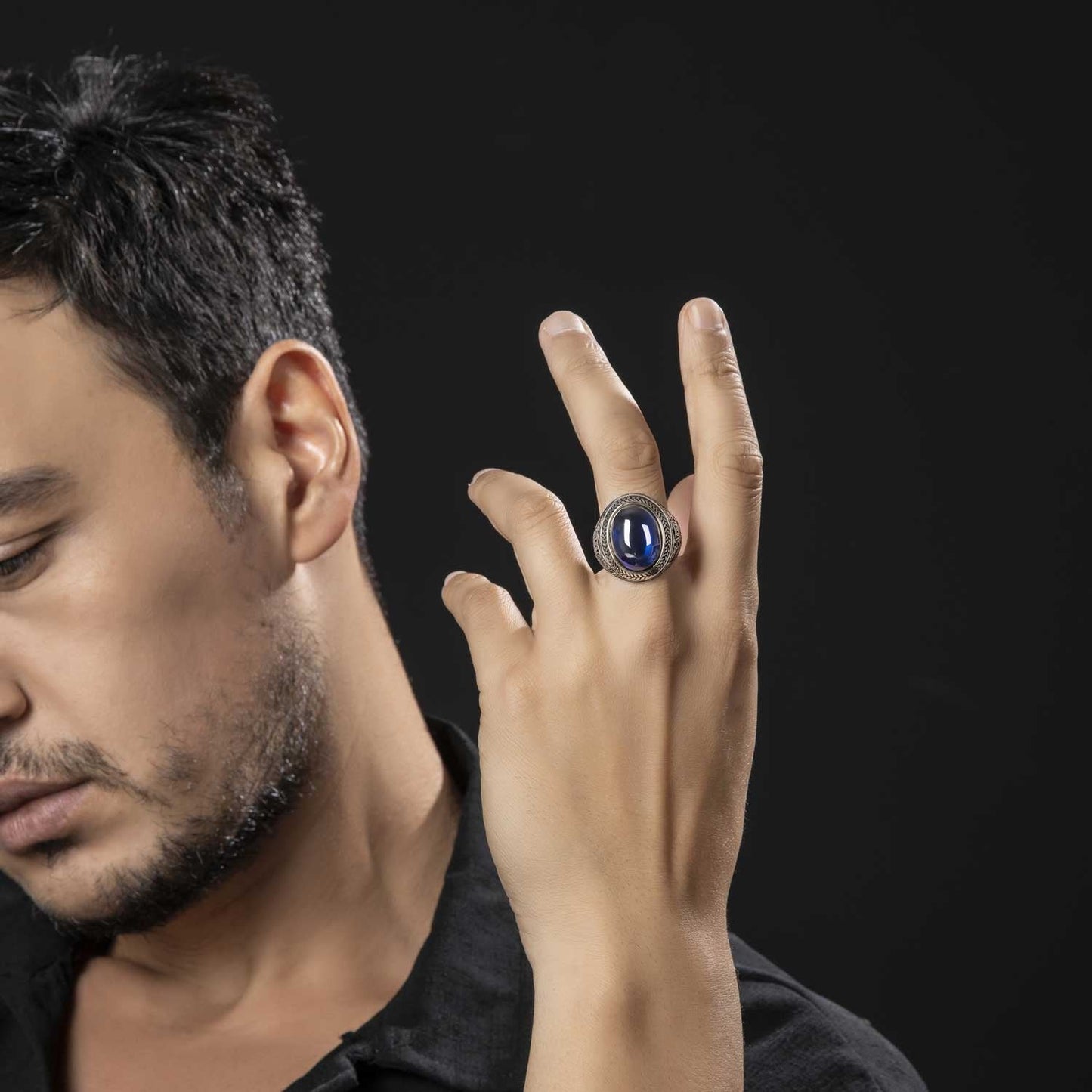 Gental Gems by Karat Kings | Unique Turkish Style Ring with Blue S Sapphire |  Sterling Silver Oxidized Ring | Men's Jewelry | With Certificate of Authenticity and  Hallmark