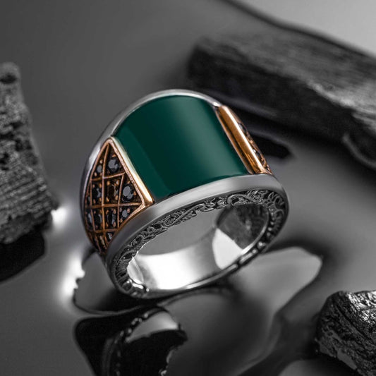 Gental Gems by Karat Kings | Unique Designed Turkish Style Curved Ring with Green Onyx  |  Sterling Silver Gold Plated Ring | Men's Jewelry | With Certificate of Authenticity and  Hallmark