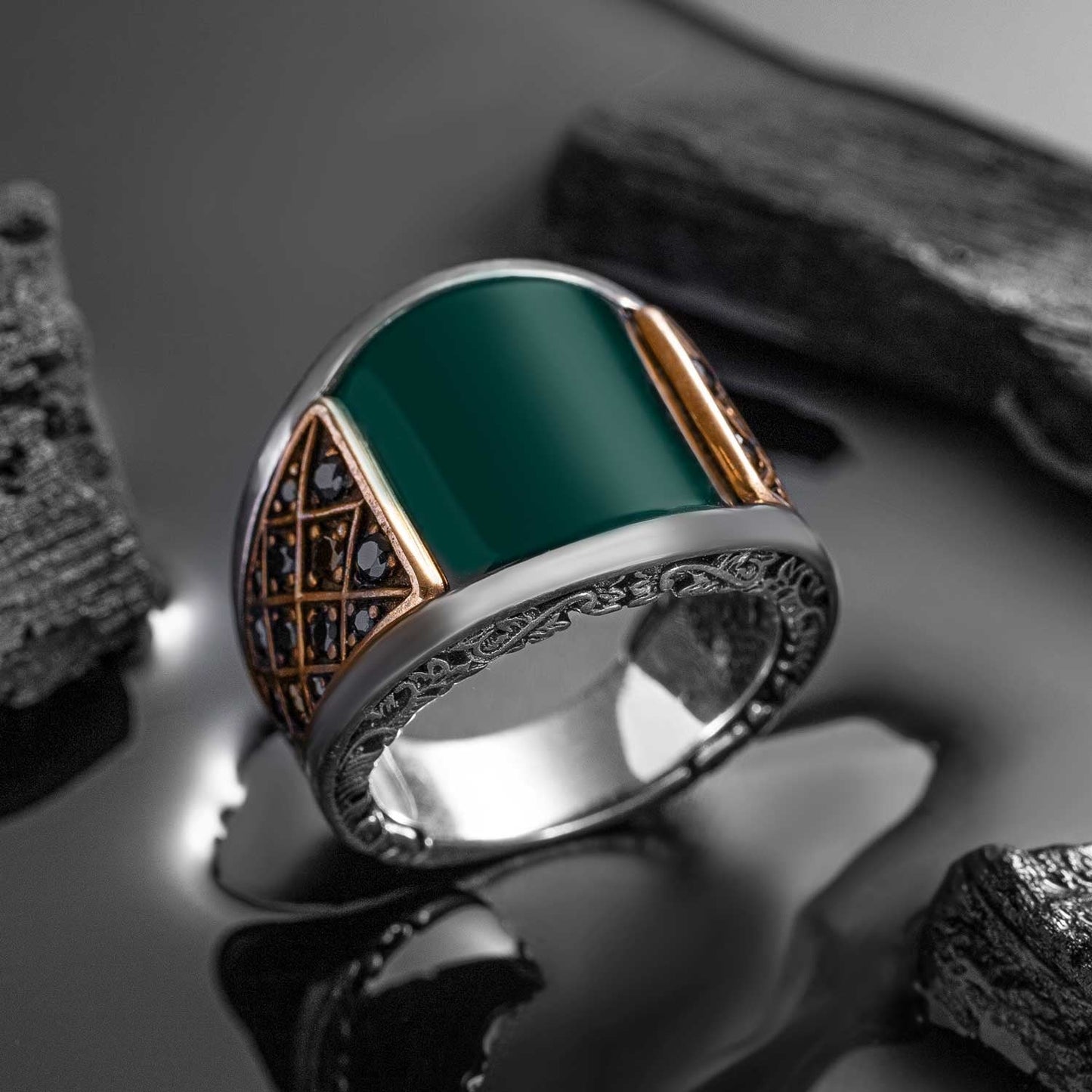 Gental Gems by Karat Kings | Unique Designed Turkish Style Curved Ring with Green Onyx  |  Sterling Silver Gold Plated Ring | Men's Jewelry | With Certificate of Authenticity and  Hallmark