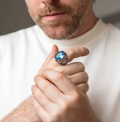 Gental Gems by Karat Kings | Exclusively Designed Ring with Blue Topaz |  Sterling Silver Oxidized Ring