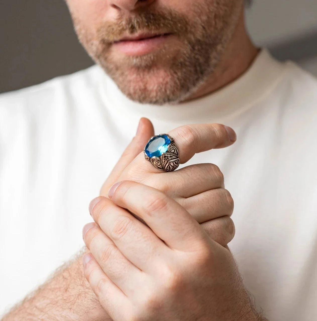 Gental Gems by Karat Kings | Exclusively Designed Ring with Blue Topaz |  Sterling Silver Oxidized Ring | Men's Jewelry | With Certificate of Authenticity and  Hallmark