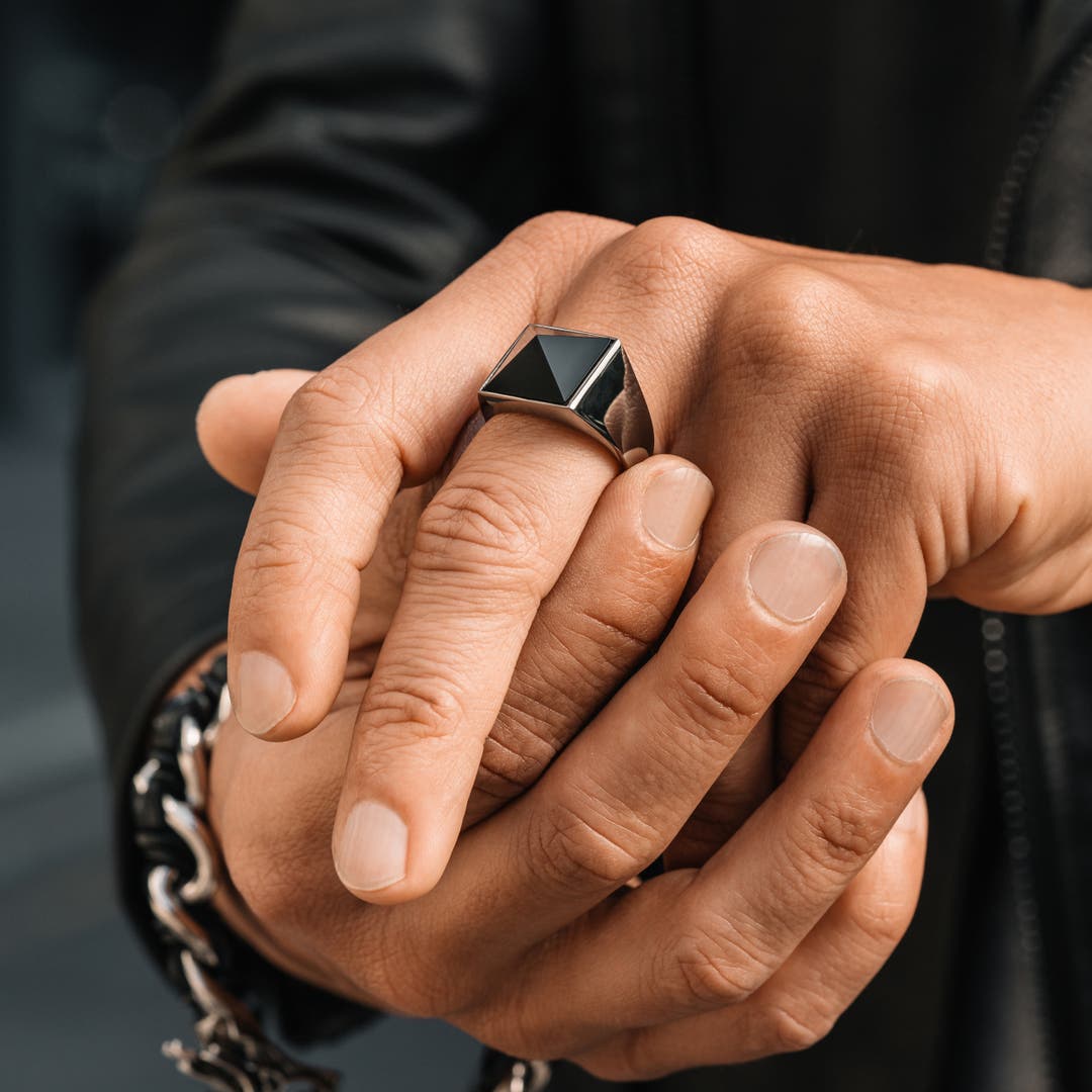 Gental Gems by Karat Kings | Exclusive Classic Style Ring with Natural Pyramidal Black Onyx | Sterling Silver  Ring | Jewellery for Men