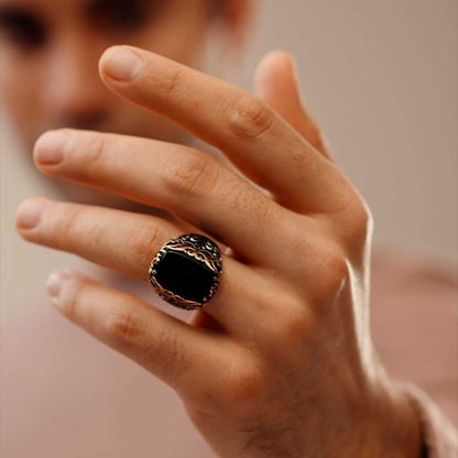Gental Gems by Karat Kings | Unique Turkish Style Ring with Natural Black Onyx |  Sterling Silver Oxidized Ring