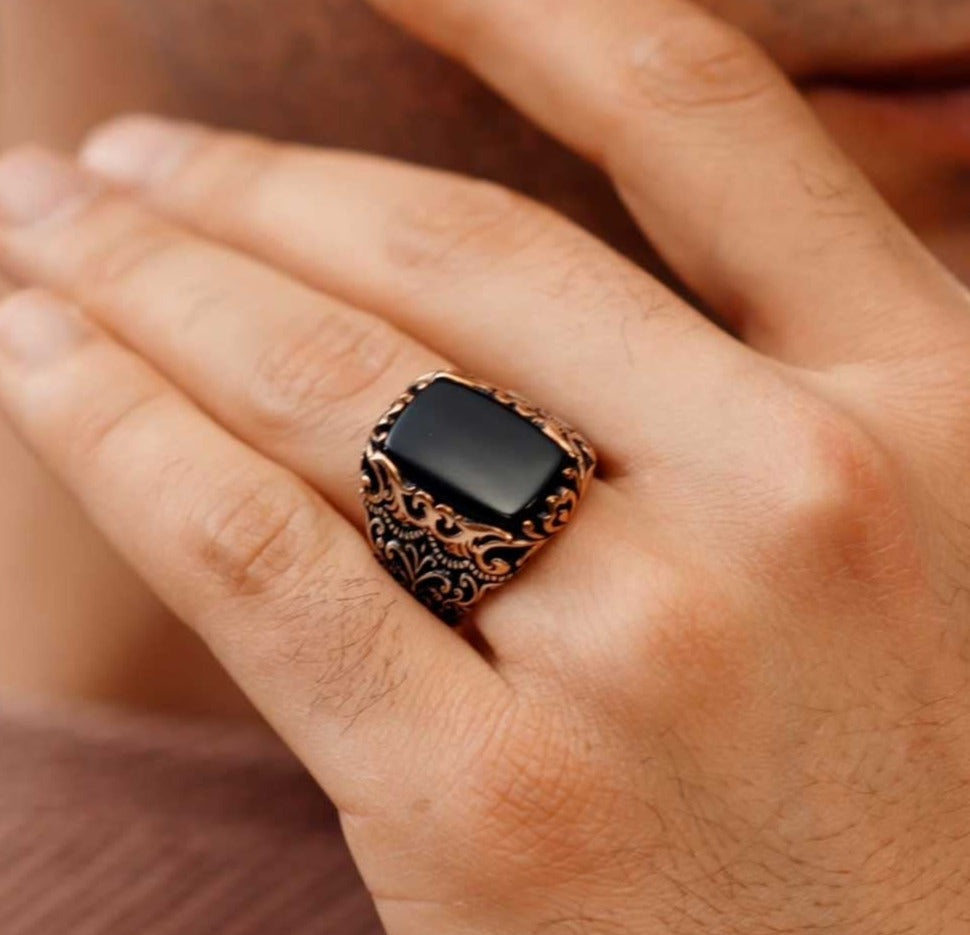 Gental Gems by Karat Kings | Unique Turkish Style Ring with Natural Black Onyx |  Sterling Silver Oxidized Ring