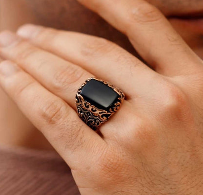 Gental Gems by Karat Kings | Unique Turkish Style Ring with Natural Black Onyx |  Sterling Silver Oxidized Ring