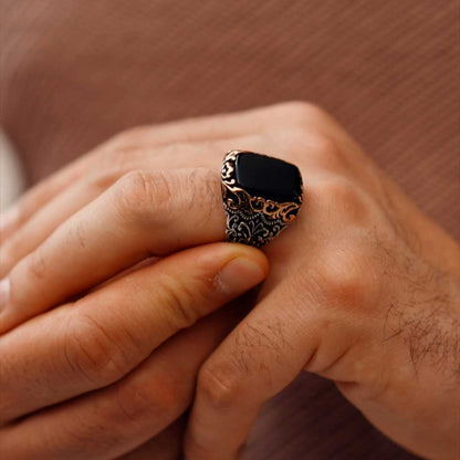 Gental Gems by Karat Kings | Unique Turkish Style Ring with Natural Black Onyx |  Sterling Silver Oxidized Ring