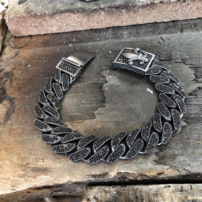 16mm Unique Fleur-De-Lis Black Iced Cuban Link Bracelet for Men | Dark Oxidized 925 Silver Bracelet | Men's Jewelry | With Certificate of Authenticity and 925 Hallmark