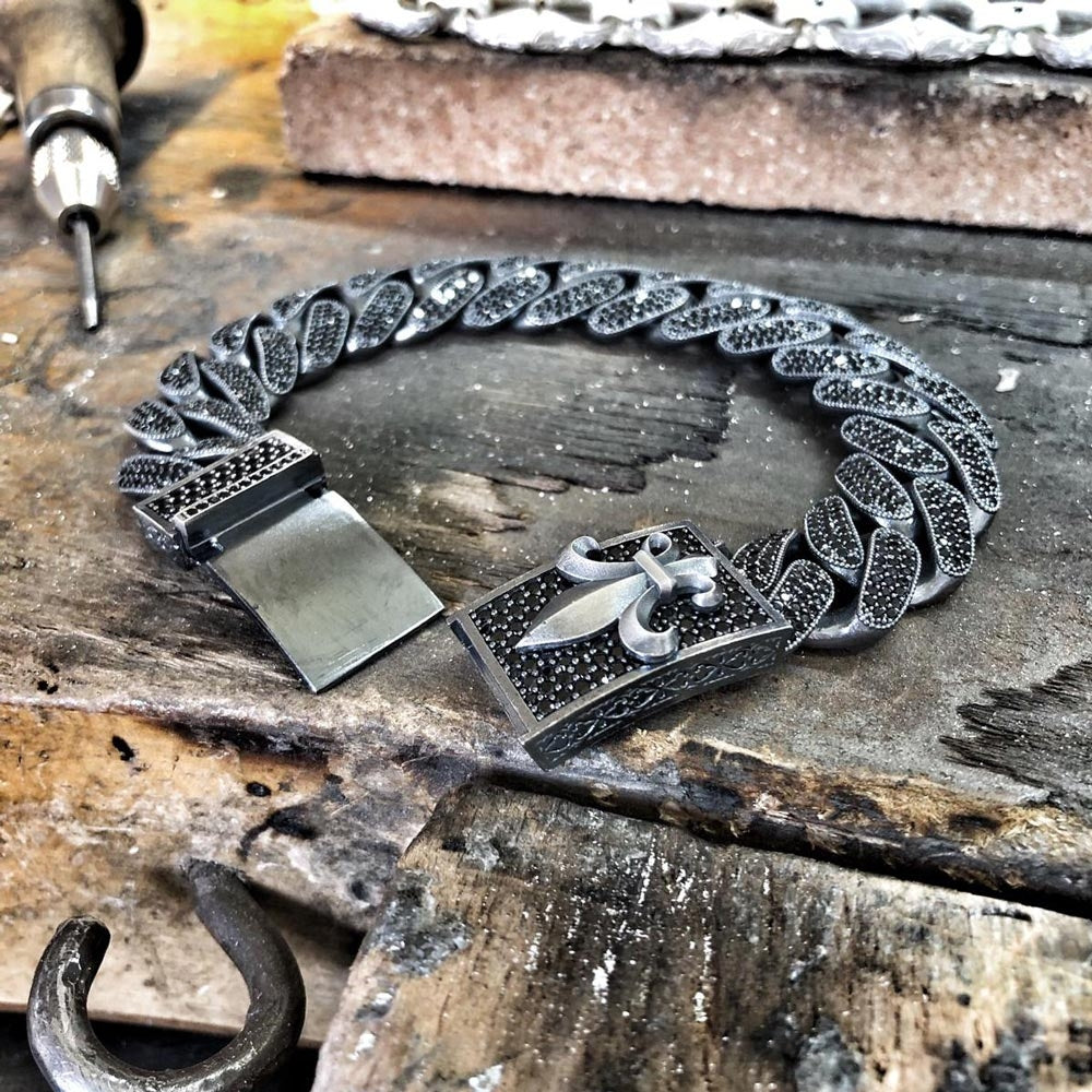 16mm Unique Fleur-De-Lis Black Iced Cuban Link Bracelet for Men | Dark Oxidized 925 Silver Bracelet | Men's Jewelry | With Certificate of Authenticity and 925 Hallmark