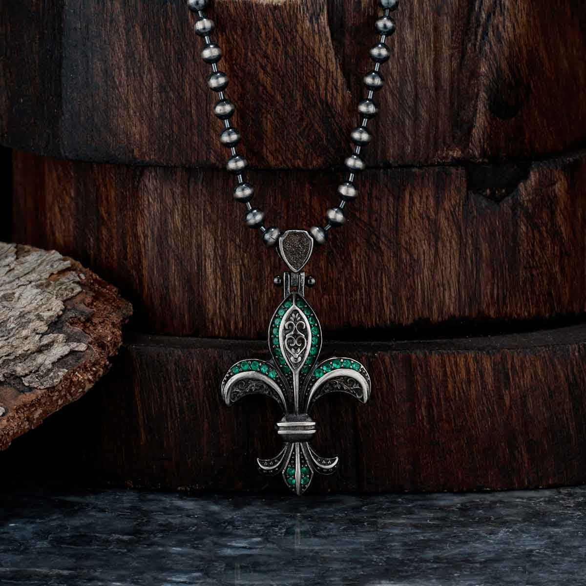 Gental Gems by Karat Kings | Unique Designed Fleur-De-Lis Symbol Pendant Studded with Green & Black Zircons for Men |  Sterling Silver Oxidized Pendant