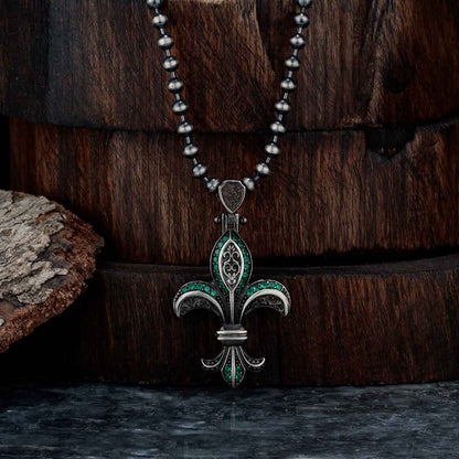 Gental Gems by Karat Kings | Unique Designed Fleur-De-Lis Symbol Pendant Studded with Green & Black Zircons for Men |  Sterling Silver Oxidized Pendant