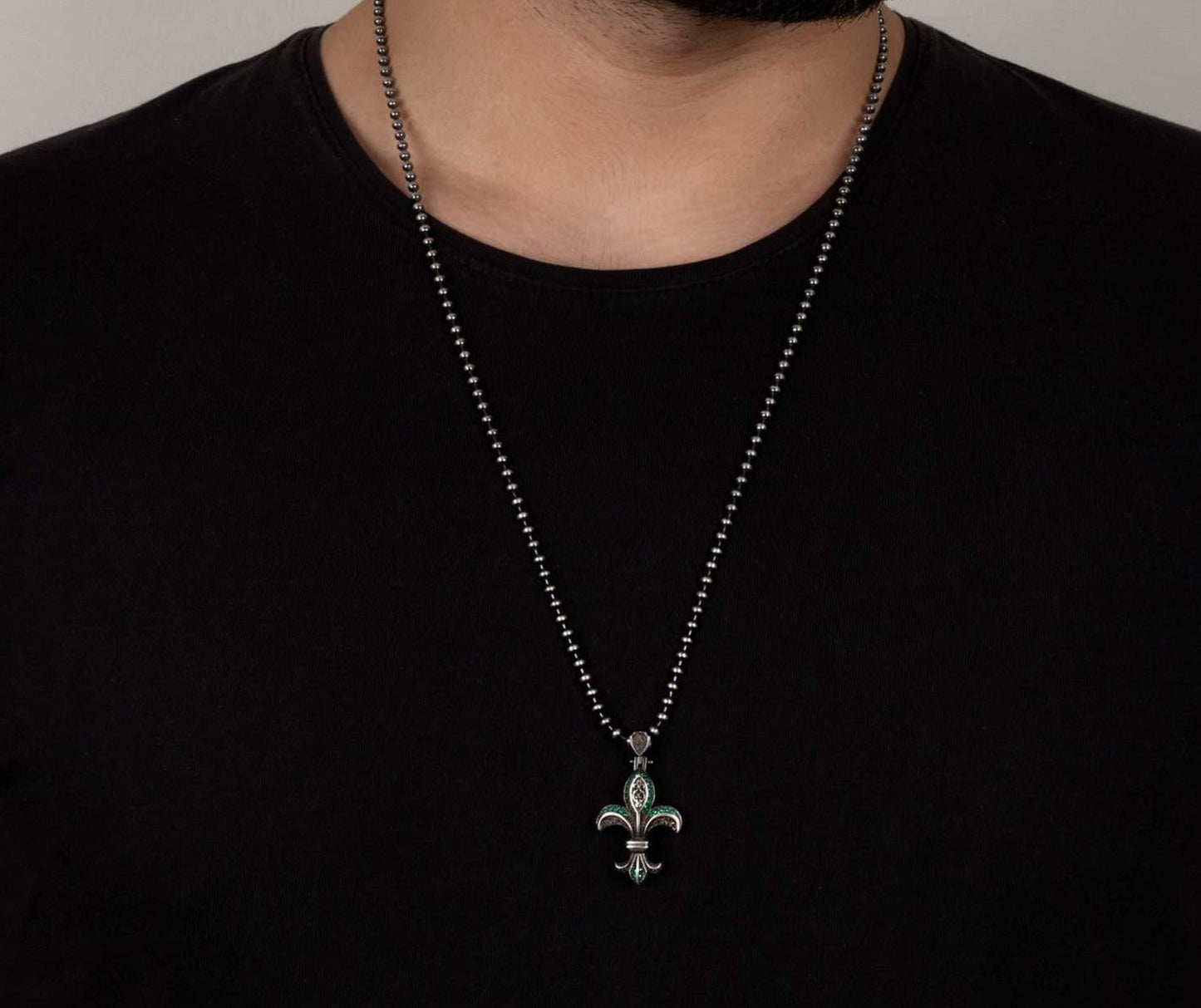 Gental Gems by Karat Kings | Unique Designed Fleur-De-Lis Symbol Pendant Studded with Green & Black Zircons for Men |  Sterling Silver Oxidized Pendant
