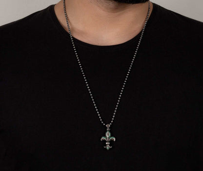 Gental Gems by Karat Kings | Unique Designed Fleur-De-Lis Symbol Pendant Studded with Green & Black Zircons for Men |  Sterling Silver Oxidized Pendant
