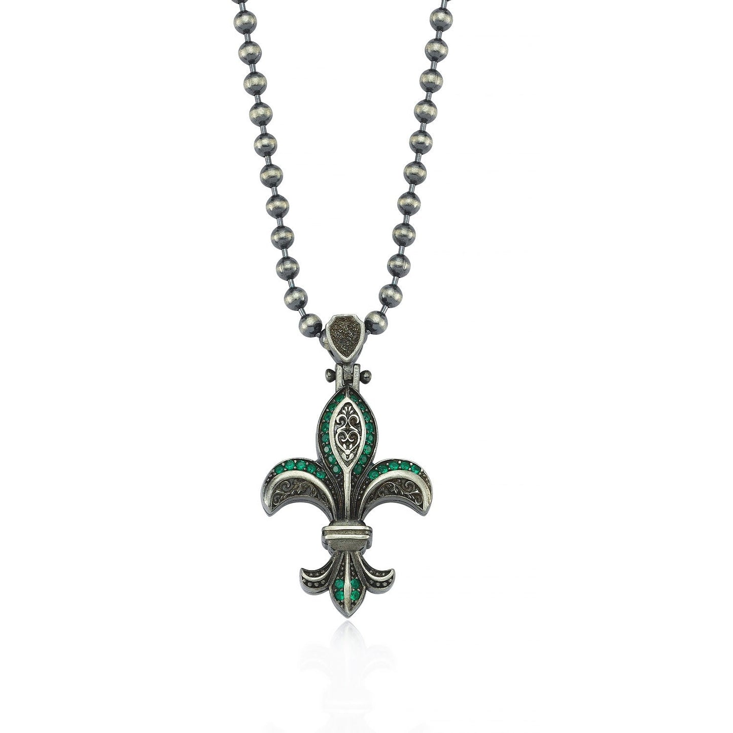 Gental Gems by Karat Kings | Unique Designed Fleur-De-Lis Symbol Pendant Studded with Green & Black Zircons for Men |  Sterling Silver Oxidized Pendant