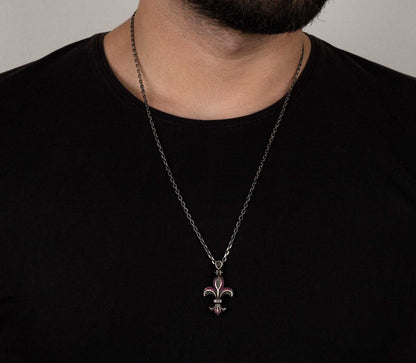 Gental Gems by Karat Kings | Unique Designed Fleur-De-Lis Symbol Pendant Studded with Pink & Black Zircons for Men |  Sterling Silver Oxidized Pendant