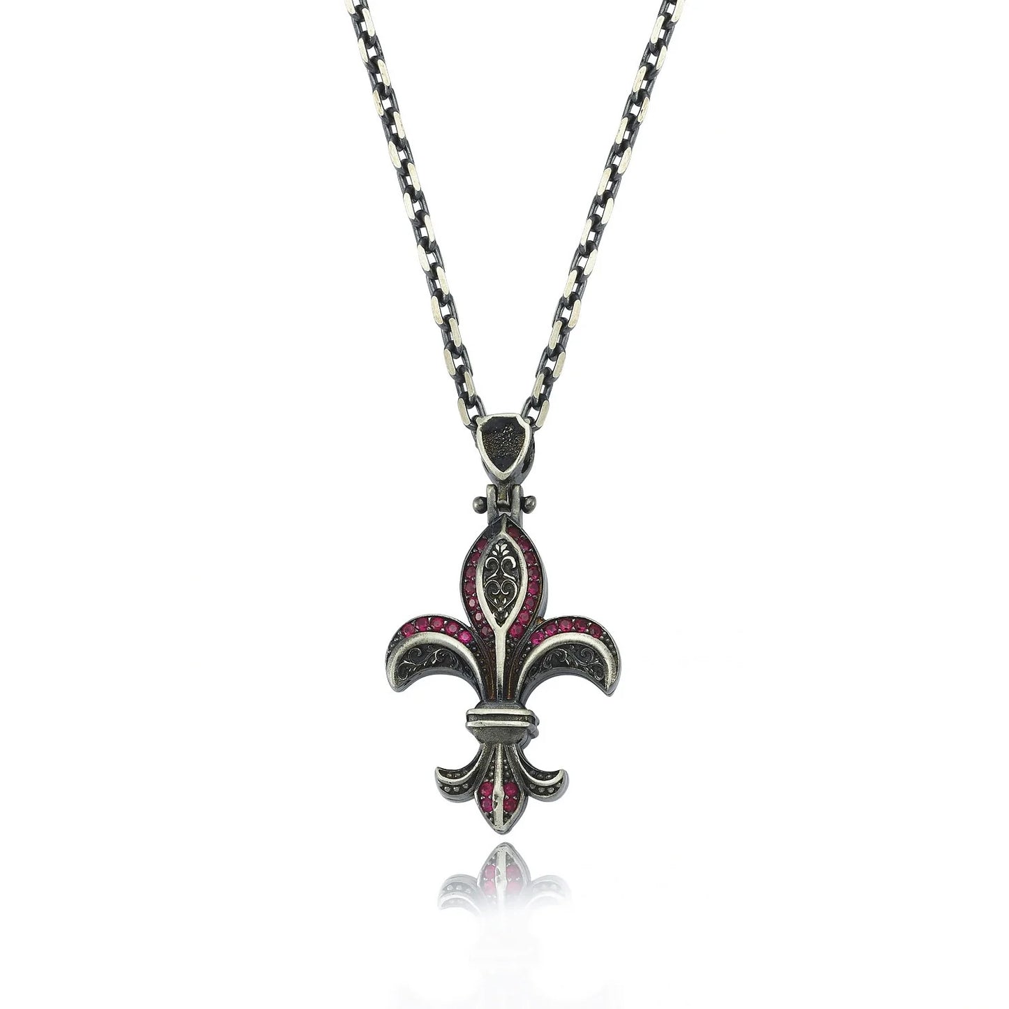 Gental Gems by Karat Kings | Unique Designed Fleur-De-Lis Symbol Pendant Studded with Pink & Black Zircons for Men |  Sterling Silver Oxidized Pendant