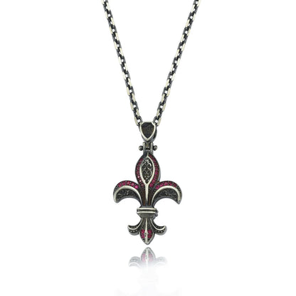Gental Gems by Karat Kings | Unique Designed Fleur-De-Lis Symbol Pendant Studded with Pink & Black Zircons for Men |  Sterling Silver Oxidized Pendant