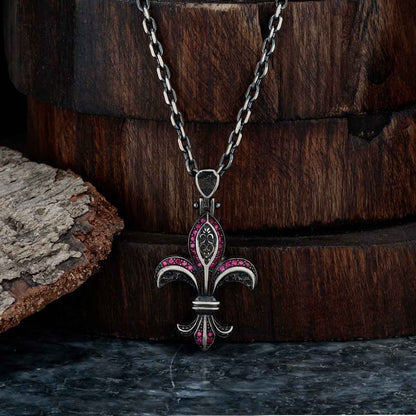 Gental Gems by Karat Kings | Unique Designed Fleur-De-Lis Symbol Pendant Studded with Pink & Black Zircons for Men |  Sterling Silver Oxidized Pendant